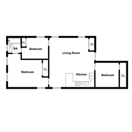 A floor plan of a house with a living room, kitchen, and four bedrooms.