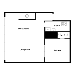 A floor plan of a house with a dining room, living room, kitchen, and bedroom.