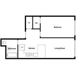 A floor plan of a living space with a bedroom, kitchen, and bathroom.