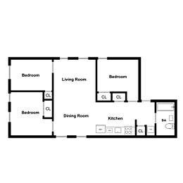 A floor plan of a house with three bedrooms, a living room, a dining room, and a kitchen.