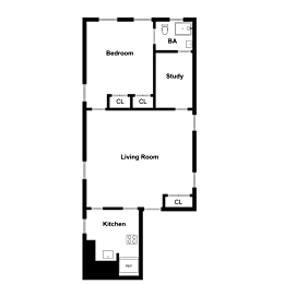 A floor plan of a small apartment with a bedroom, living room, and kitchen.
