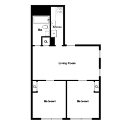 A floor plan of a house with a living room, two bedrooms, a kitchen, a bathroom, and a laundry room.