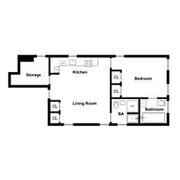 A floor plan of a house with a living room, kitchen, bedroom, bathroom and storage.