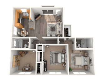 A 3D floor plan of a house with multiple rooms and furniture.