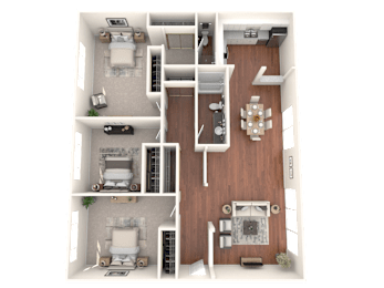 A 3D floor plan of a small apartment with two bedrooms and a living area.