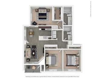 A floor plan of a house with a kitchen, living room, and two bedrooms.