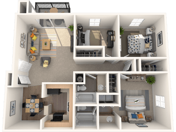 Tampa, FL Apartments – The Commons - 3D floorplan of our 3 bedroom 2 bathroom apartment