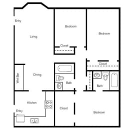 the illustration of the upper floor plan of a 1 bedroom apartment