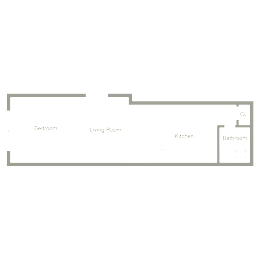 A floor plan of a small apartment with a bedroom, living room, kitchen, and bathroom.