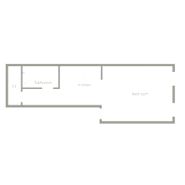 A floor plan of a house with a kitchen, bathroom, and bedroom.