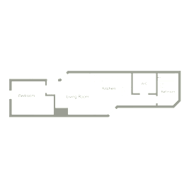 A floor plan of a house with a kitchen, living room, bedroom, and bathroom.