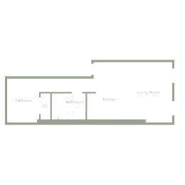 A floor plan of a living room, bedroom, kitchen, and bathroom.