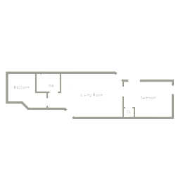A floor plan of a house with two bedrooms, a living room, a bathroom, and a kitchen.