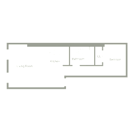 A floor plan of a living room with a kitchen, bathroom, and bedroom.