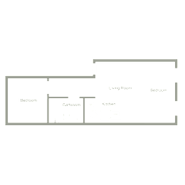 A floor plan of a small apartment with a living room, kitchen, and two bedrooms.