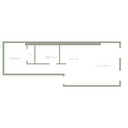 A floor plan of a living room with a bedroom, bathroom, and kitchen.