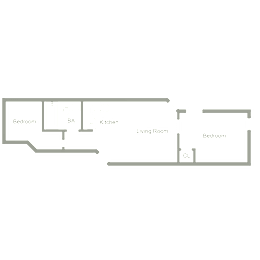 A floor plan of a house with a living room, kitchen, and two bedrooms.
