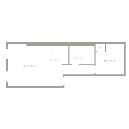 A floor plan of a living space showing a kitchen, bathroom, and bedroom.