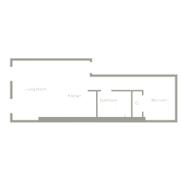 A floor plan of a small apartment with a living room, kitchen, bathroom, and bedroom.