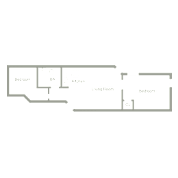 A floor plan of a house with a living room, kitchen, two bedrooms, a bathroom, and a closet.