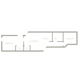 A floor plan of a living space with a kitchen, living room, and two bedrooms.
