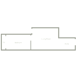 A floor plan of a living room, bedroom, and study.