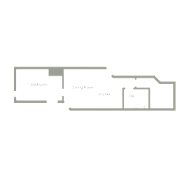 A floor plan of a house showing a bedroom, living room, kitchen, and bathroom.