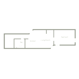 A floor plan of a house with a living room, kitchen, bedroom and bathroom.