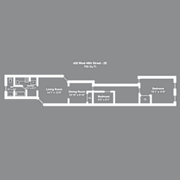 A floor plan of an apartment at 428 West 48th Street - 2E showing the layout of the kitchen, living room, dining room, and bedrooms.