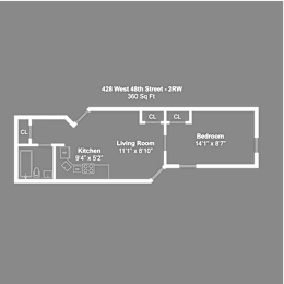 A floor plan of an apartment at 428 West 48th Street - 2RW, 360 Sq Ft in size, with a kitchen, living room, and bedroom.