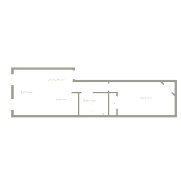 A floor plan of a house with a dining room, kitchen, bathroom, and two bedrooms.