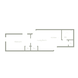 A floor plan of a house with a kitchen, living room, and bedroom.