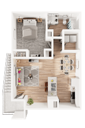 A top-down view of a modern apartment layout with a living room, kitchen, and dining area.