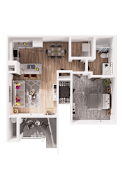 A top-down view of a house layout with a kitchen, living room, and bathroom.