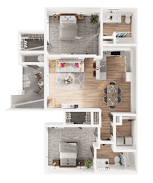 A top-down view of a modern apartment layout with a living room, kitchen, and bedroom.