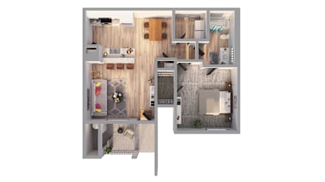 A floor plan of a house with a kitchen, living room, and bathroom.