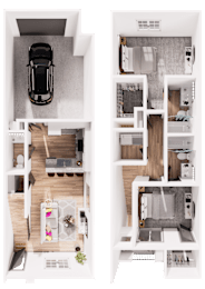 A top-down view of a car and a split-level floor plan of a house.