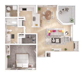 A top-down view of a small apartment with a bedroom, living room, and kitchen.
