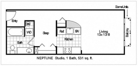 A floor plan of a studio apartment with a living area, bedroom, and bathroom.