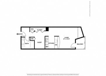 A floor plan of a small apartment with a sleeping area, a kitchen, and a bathroom.