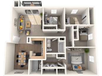Pet Friendly Apartments in Tampa Florida – The Commons – 3D floorplan of our four-bedroom two-bathroom apartment