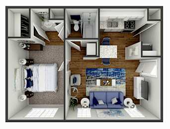 a 3d floor plan of a bedroom with a living room and a bathroom