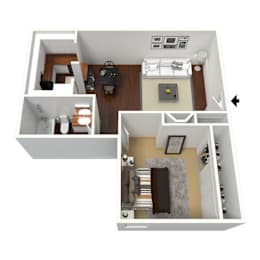 A top down view of a small apartment with a living room, kitchen, and bedroom.