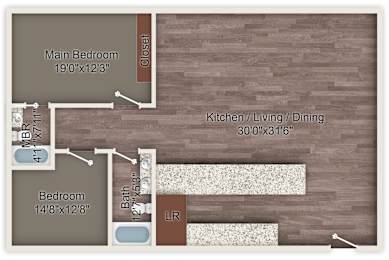 A floor plan of a house showing the layout of the bedrooms and kitchen.