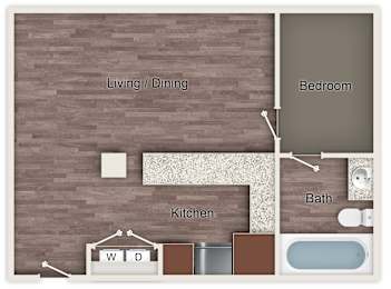 A floor plan of a small apartment with a kitchen, bathroom, and bedroom.