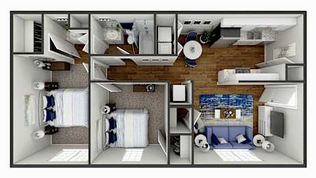 a 3d floor plan of a house with a wood floor