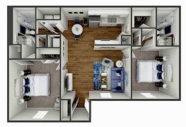 a 3d rendering of a floor plan with a bedroom and living room