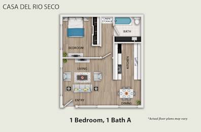 A floor plan of a one bedroom apartment with a bathroom and a kitchen.