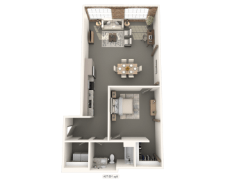 a 3d floor plan of a 1 bedroom apartment at converse mill lofts in Spartanburg, SC