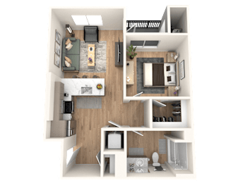 A 3D floor plan of a small apartment with a kitchen, living room, and bedroom.